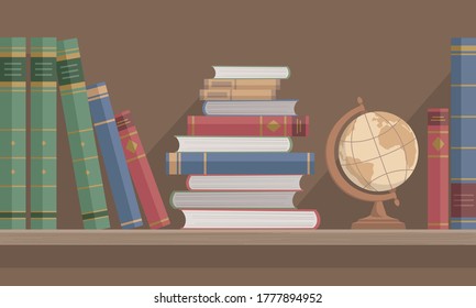 Wooden bookshelf with books and an antique globe. Library, bookstore and education concept. Vector illustration in flat cartoon style.