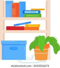 Wooden bookshelf with colorful books, blue storage box, potted plant. Home office, interior design details, cozy reading space vector illustration.