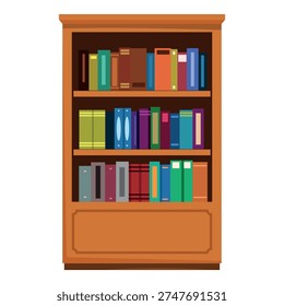 Wooden bookshelf displays an array of colorful books and binders, representing organization, knowledge, and learning resources