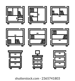 Wooden Bookshelf and Drawers Furniture Line Icon Set