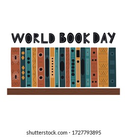 Wooden bookshelf full of books. Isolated on white background. World book day lettering. Vector illustration.
