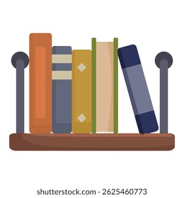 Wooden bookshelf holding colorful hardcover books for reading and studying