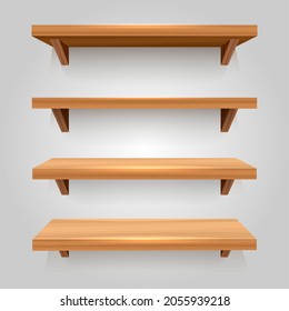 Wooden bookshelf isolated. Empty wood planks shelves furniture for display merchandising and selling books, 3d shelfs vector illustration for store or home interior