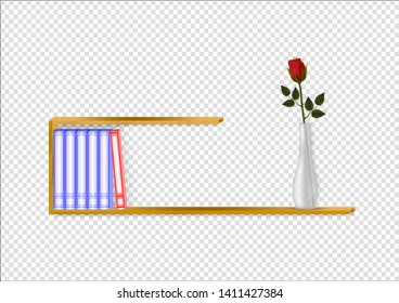 A wooden bookshelf with a set of books with color covers and a vase with a scarlet rose. Realistic light shadows. Transparent background. Vector illustration.