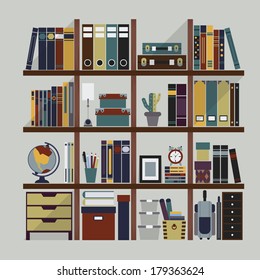 Wooden bookshelf with various objects-Including different books, folders, organizers, suitcases, frame, alarm clock, pencil case, cactus, world globe, and drawers on gray background with some shadows