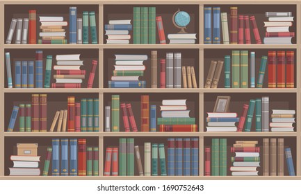 Wooden bookshelves with books. Library bookstore and school concept. Cartoon style vector illustration.