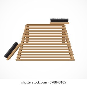 Wooden boot scraper and shoe brush. Tools for cleaning shoes from dirt and snow. Vector illustration isolated on white background.