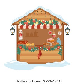 Wooden booth bakery shop with cookies and gingerbread at Christmas stall market Traditional festival winter holiday fair marketplace Facade of market kiosk decorated by green fir trees branches vector
