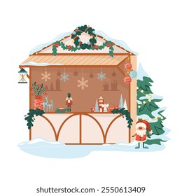 Wooden booth gift shop with souvenirs, decorations and Santa at Christmas stall market. Traditional festive winter outdoors shopping store on holiday fair marketplace Flat vector illustration isolated