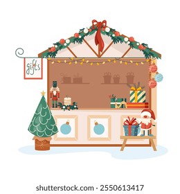 Wooden booth gift shop with souvenirs, nutcracker, garland decoration at Christmas stall market Traditional festival winter holiday fair marketplace Facade of market kiosk decorated by fir tree vector