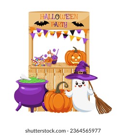 Wooden booth with Halloween symbols. A stand with a ghost, witch hat, a pumpkin, a bat, candies, a garland with flags, a cauldron with a witch potion. For celebrating Halloween. Vector illustration.