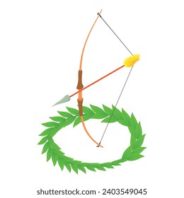 Icono de arco de madera vector isométrico. Cazador de madera arco con flecha y rama ganadora. Arco de tiro, caza