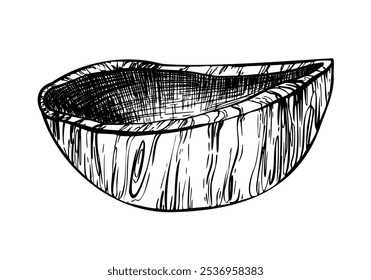 Wooden Bowl. Black and white line empty olive wood food kitchen utensil, ecological tableware. Hand drawn vector illustration Clipart for menu, products design Sketch line art Isolated from background