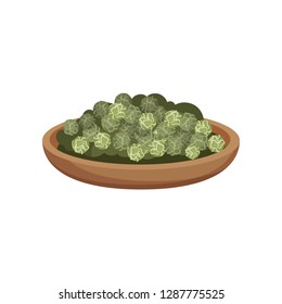 Wooden bowl of dried green peppercorns. Aromatic seasoning. Natural spice. Fragrant condiment. Flat vector icon