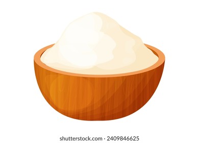 Wooden bowl with flour, wood plate in cartoon style isolated on white background. Baking raw powder grain.