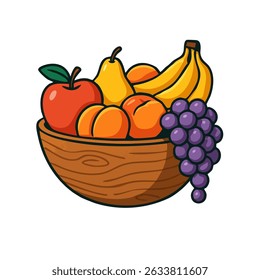 Wooden bowl with fruit, isolated on white background. Apple, grapes, peach, banana and pears. Flat design vector. Healthy food concept. Merch