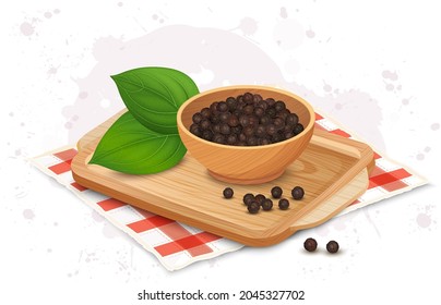 A wooden bowl full of  dried black pepper, peppercorn seeds vector illustration