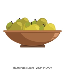 Wooden bowl full of green apples sitting on a surface