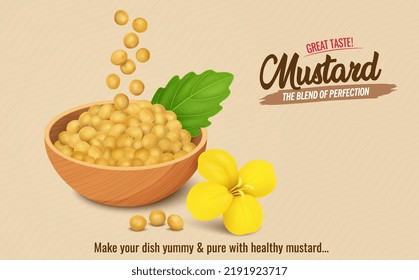 A Wooden Bowl full of mustard seed and mustard seed flower vector illustration