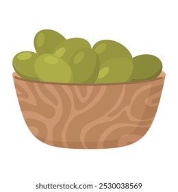 Cuenco de madera con aceitunas verdes. Frutas de oliva.  Aceitunas sin hueso italianas. Tazón de aceitunas verdes. Aislado sobre fondo blanco. Ilustración vectorial.