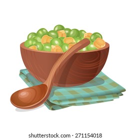 Wooden bowl with green and yellow peas in it / Wooden bowl stands on the blue checked napkin. There are a lot of big green and yellow peas in the bowl and in front of the bowl it is wooden spoon
