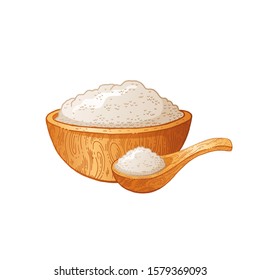 Wooden bowl spoon with food - sketch flour, rice, sea salt, spirulina, spice, potato, oat, sugar, porridge. Doodle hand drawn vector illustration, vintage breakfast drawing, isolated white background