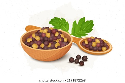 A Wooden bowl and a spoon full with mustard seeds and green leaves