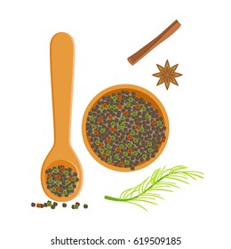 Wooden bowl and spoon of peppercorns, herbs and spices selection. Colorful cartoon illustration