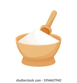 Wooden bowl, spoon with white ingredient, Starch bowl in cartoon style isolated on white background. Baking and cooking ingredient, design element