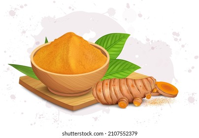 A wooden bowl with turmeric powder and turmeric root
