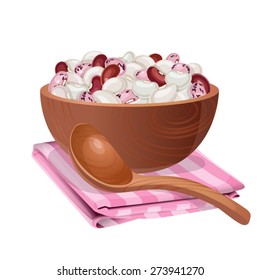 Wooden bowl with white, red, and pink beans in it / Wooden bowl stands on the pink striped napkin. There are many big white, red, and pink beans in the bowl and wooden spoon lies in front of the bowl
