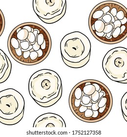 Wooden bowl with white sea pebble stones and candles comic style seamless pattern. Boho cartoon wallpaper of stones in a bowl. Cozy lagom style template background tile. Stock vector image