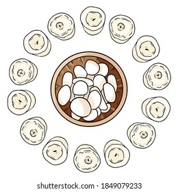 Wooden bowl with white sea pebble stones doodle in a circle of white candles. Wiccan altar setting. Hand drawn wicca design. Isolated on white background outline illustration
