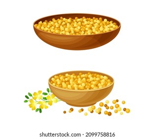 Wooden bowls of mustard seeds set. Natural organic healthy product vector illustration