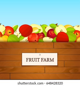 Wooden box with apple fruits. Vector card illustration. Boards wood background, border with apples fruit and label. For the design of packaging, food marmalade, jam, juice, detox diet