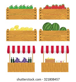 Wooden box with apples, tomatoes, lemons, watermelons. tent on the market, farm products, wine and grapes, lemonade. Vegan place.