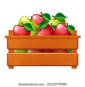 Caja de madera con manzanas. Vector 3D Clipart aislado sobre fondo blanco.