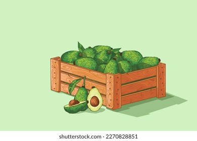 Wooden box with avocado. Home farm brand concept for growing avocado fruit. Harvest. Design a poster or banner for a fruit and vegetable store. Vector illustration. Drawn style