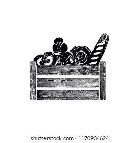  Wooden Box with Bakery Products. Grunge silhouette of Crate. Can be yused like icon, logo or other design element in your works. Vector illustration.