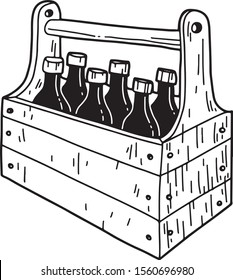 Wooden box with beer bottles. Vector hand drawn illustration. Cartoon style. For poster, print design, pub or bar, web, brewery, beer festival, party.