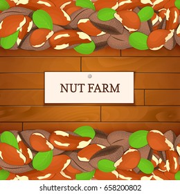 Wooden Box With Braziian Nuts. Vector Illustration. Boards Wood Background, Border With Brazilnut Fruit And Label. For The Design Of Packaging, Food Breakfast.