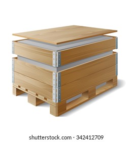 Wooden Box With Cargo On A Pallet. Example Of Product Packaging. The Symbol Transport Delivery. Vector Illustration