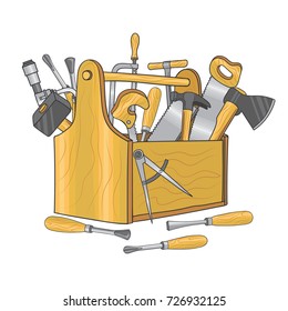 Wooden box for carpentry tools. Hand drawn vector illustration. Toolbox wooden with saw and hardware hammer