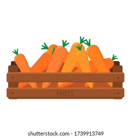 Wooden box with carrot. Harvesting root vegetable. Flat illustration vector.