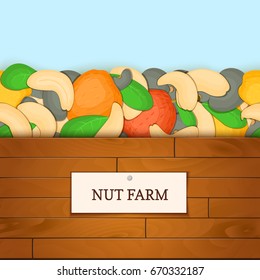 Wooden box with cashew nut fruits. Vector card illustration. Boards wood background, border with cashew nuts and label. For the design of packaging breakfast, healthy eating, detox, cosmetics.