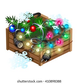 Wooden box with Christmas garland and decorations. Vector illustration.