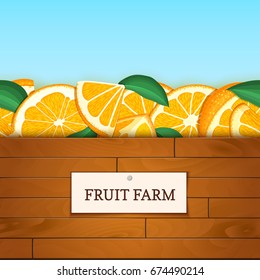 Wooden box with citrus orange fruits. Vector card illustration. Boards wood background, border with orange fruit and label. For the design of packaging, food marmalade, jam, juice detox diet cosmetics