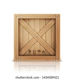 Wooden box closed by metal nails realistic vector illustration. Wooden crate or cargo box for storage, transportation and delivery of product with postal symbols, isolated on white background