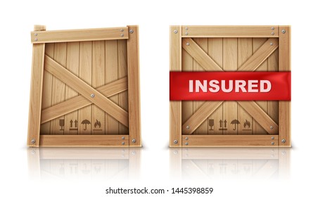 Wooden box closed by metal nails, damaged and with insurance realistic vector illustration Wooden cargo box, broken or cracked package and parcel with insured inscription, isolated on white background