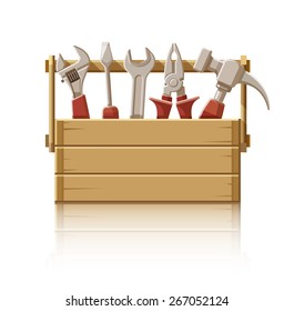 Wooden box with construction tools. Eps10 vector illustration. Isolated on white background
